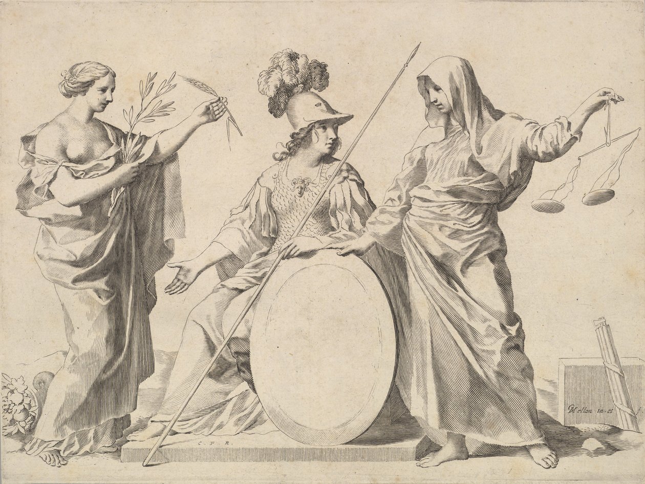 Minerwa otoczona przez Peace and Justice Arms of Gallard and Mesmes. autorstwa Claude Mellan