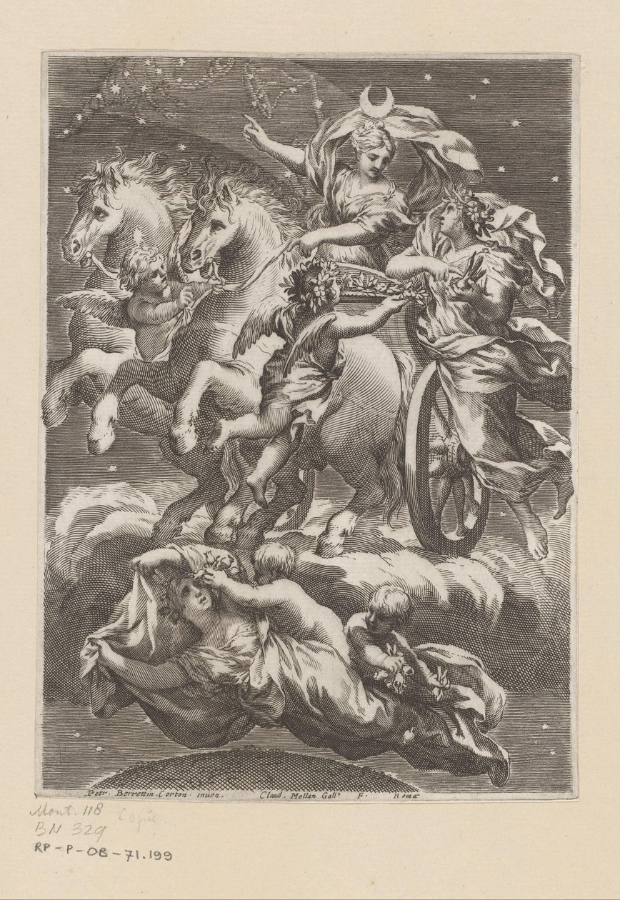 Personifikacja Księżyca na jej rydwanie Strona tytułowa dla: Giovanni Battista Ferrari, De Florum cultura libri IV, 1633 autorstwa Claude Mellan