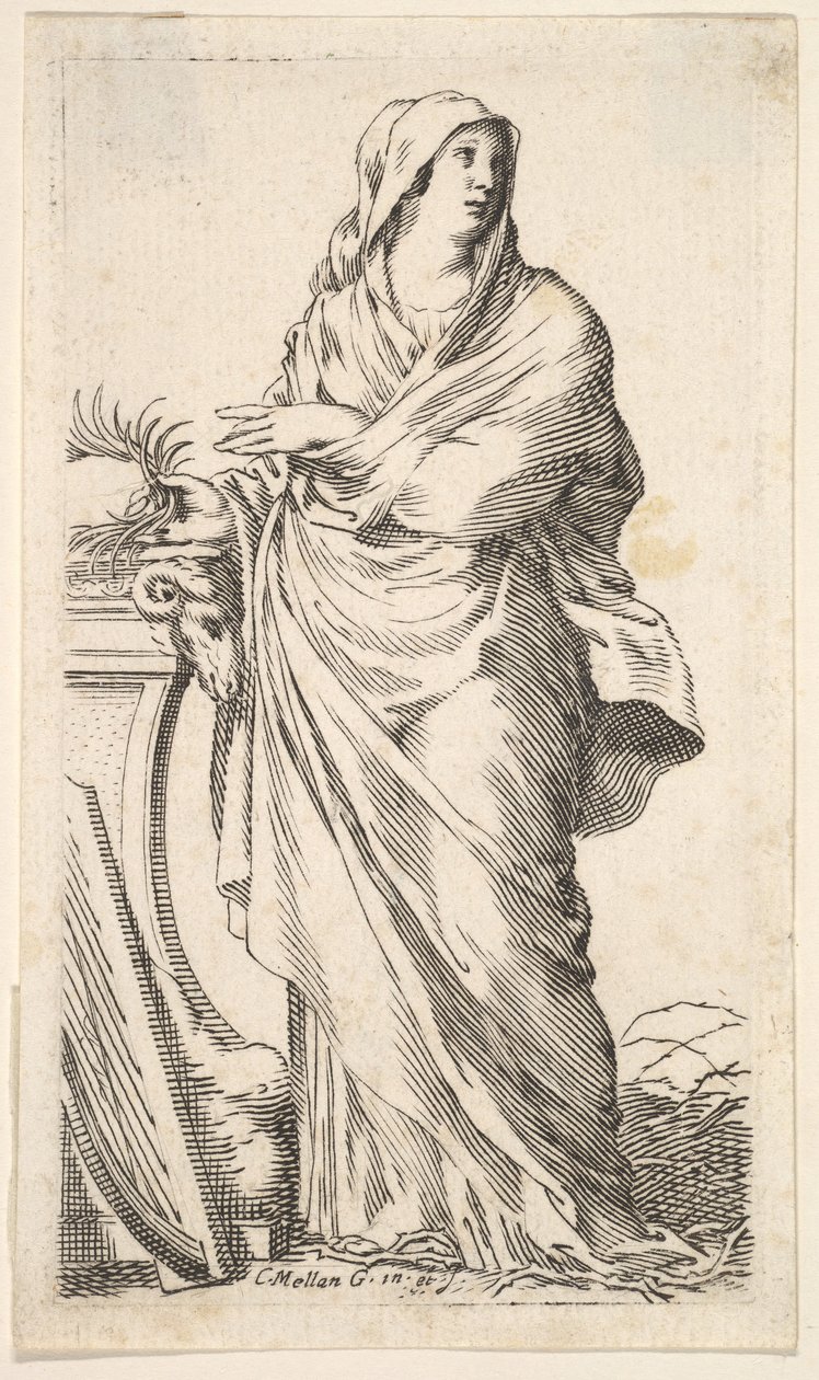 Kobieta w szacie stojąca przy cokole, w prawej ręce trzyma gałązkę palmową, harfę r..., ca. 1620-88. autorstwa Claude Mellan