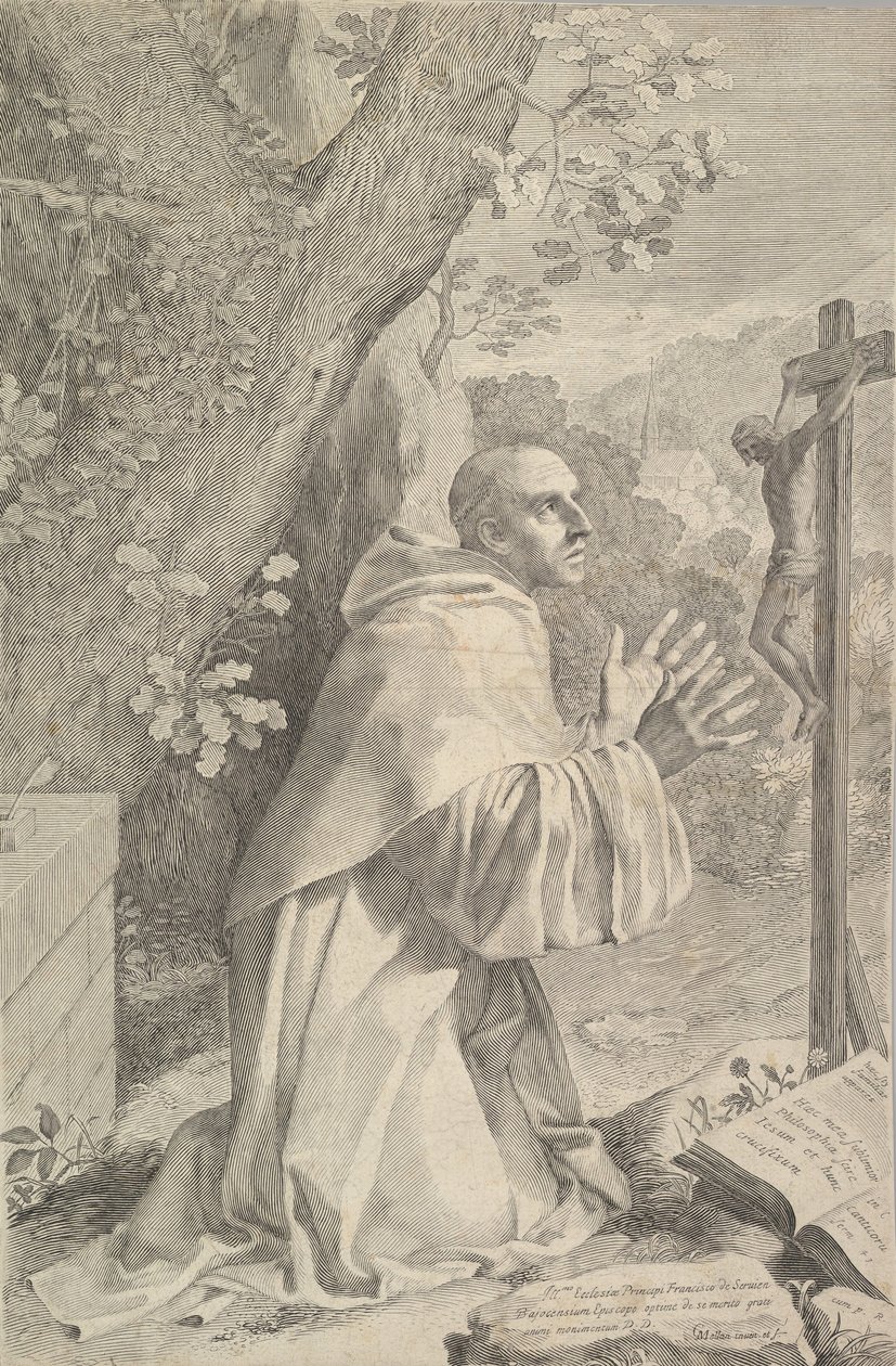 Św. Bernard klęczący przed krucyfiksem, ca. 1655. autorstwa Claude Mellan