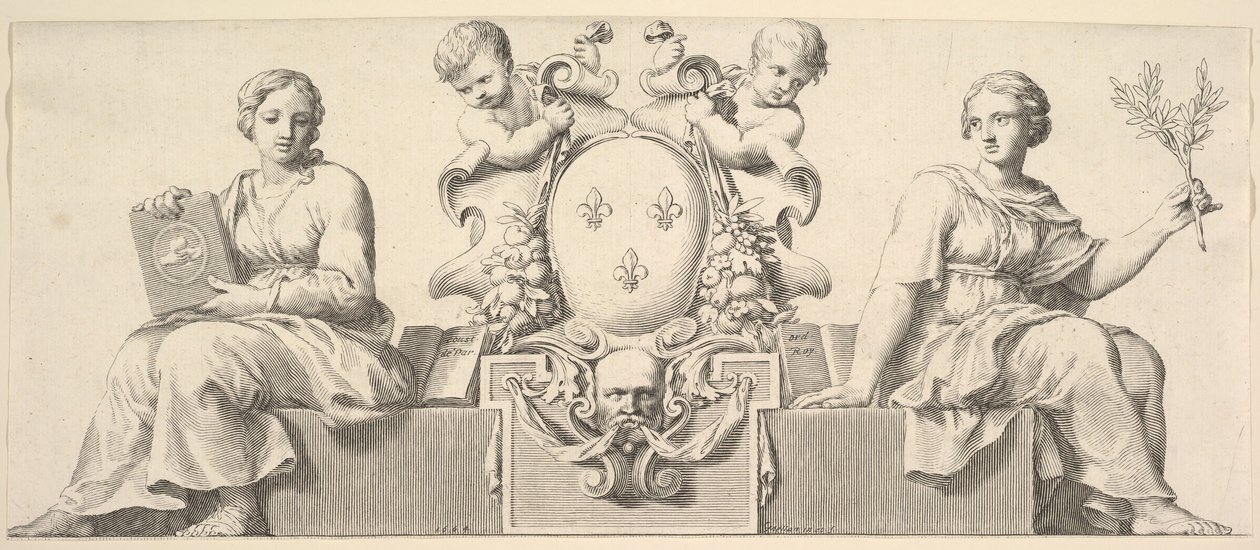 Herb Francji w towarzystwie personifikacji prawa i dobrej wiary, 1664. autorstwa Claude Mellan