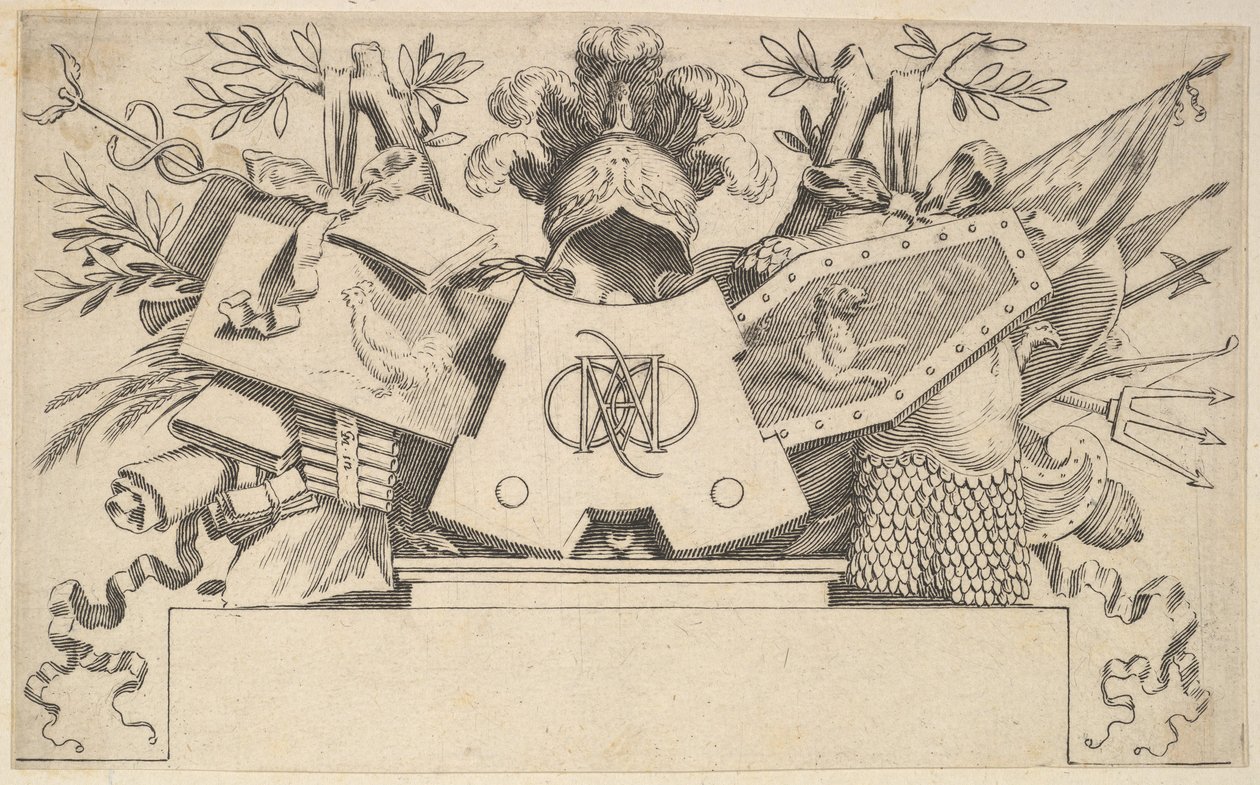 Trofeum z monogramem zawierającym litery LEONARDOS, 1651. autorstwa Claude Mellan