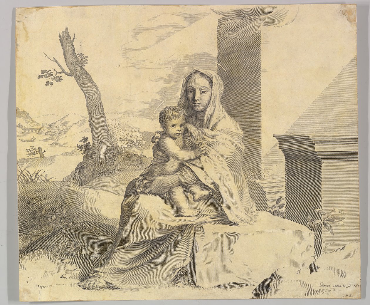 Dziewica z dzieckiem siedzącym na skale Dziewica z dzieckiem w ruinach, 1659. autorstwa Claude Mellan