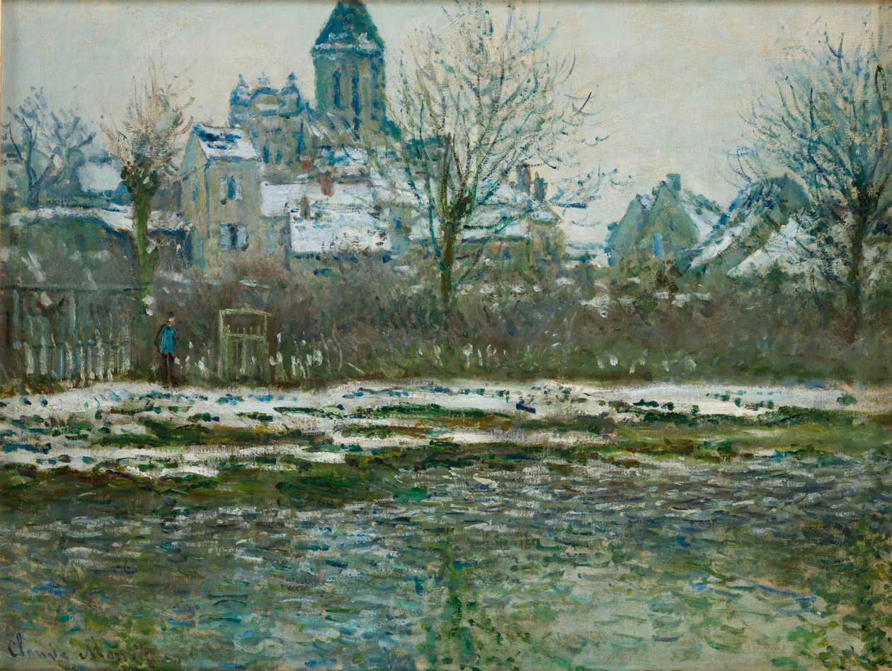Wpływ śniegu w Vétheuil lub kościele Vétheuil, 1878-1879. autorstwa Claude Monet