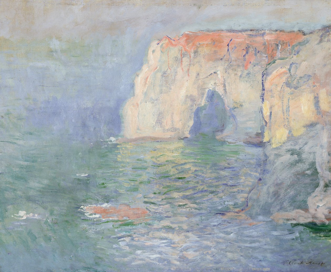 Etretat: La Manneporte, refleksje na wodzie autorstwa Claude Monet