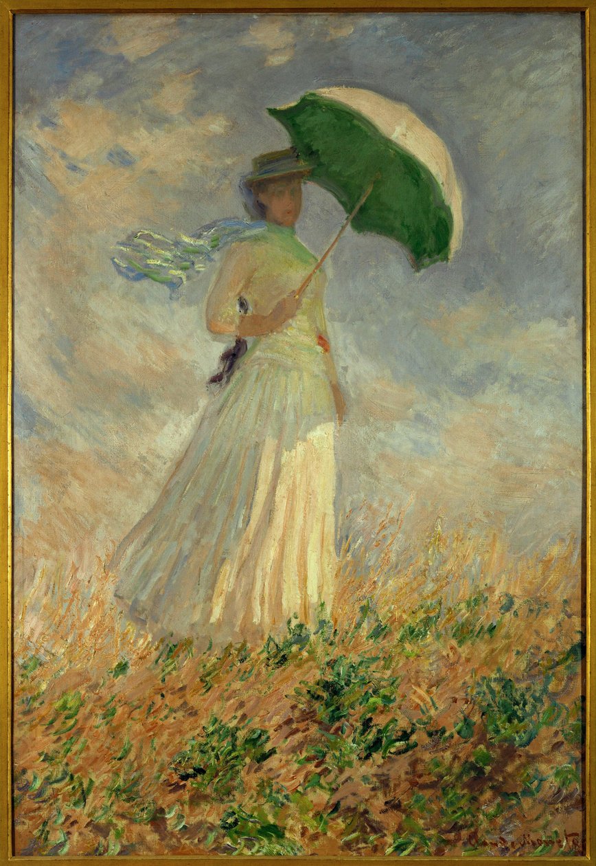 Kobieta z parasolem skręcająca w prawo ... (olej na płótnie) autorstwa Claude Monet