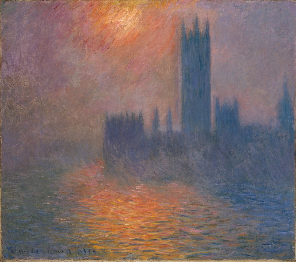 Domy Parlamentu, zachód słońca autorstwa Claude Monet