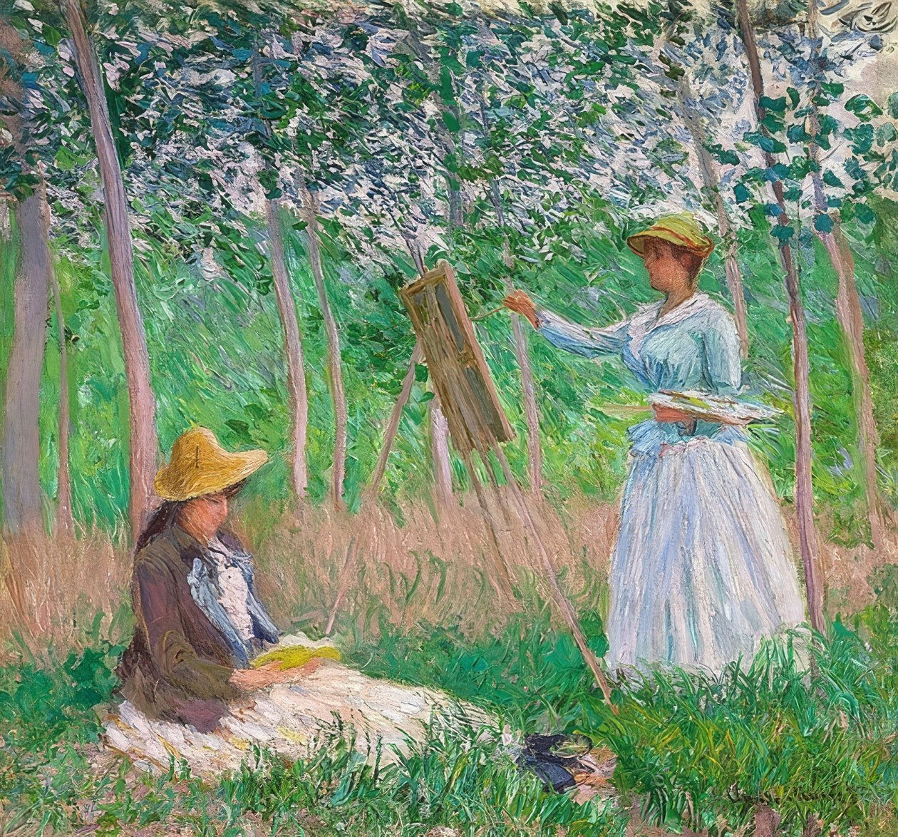 W ogrodzie Giverny: Blanche Hoschedé przy sztalugach i czytanie Suzanne Hoschedé. 1887 autorstwa Claude Monet