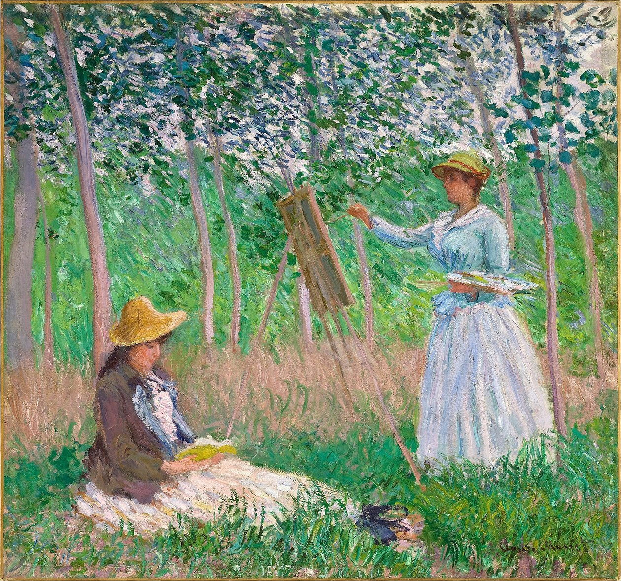 W lesie w Giverny – Blanche Hoschedé w jej sztalugach z Suzanne Hoschedé Reading autorstwa Claude Monet