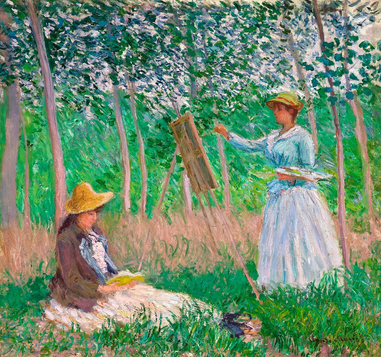 W lesie w Giverny: Blanche Hoschedé w jej sztalugach z Suzanne Hoschedé Reading, 1887 autorstwa Claude Monet