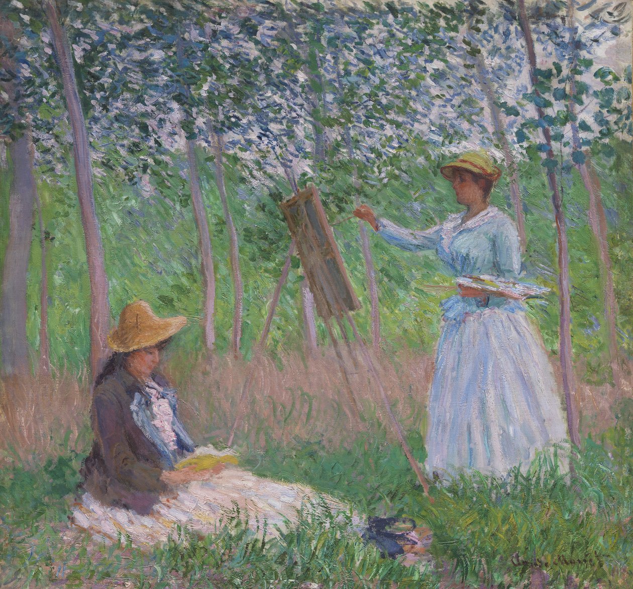 W lesie w Giverny: Blanche Hoschedé przy sztaludze, a obok niej czytająca Suzanne Hoschedé autorstwa Claude Monet