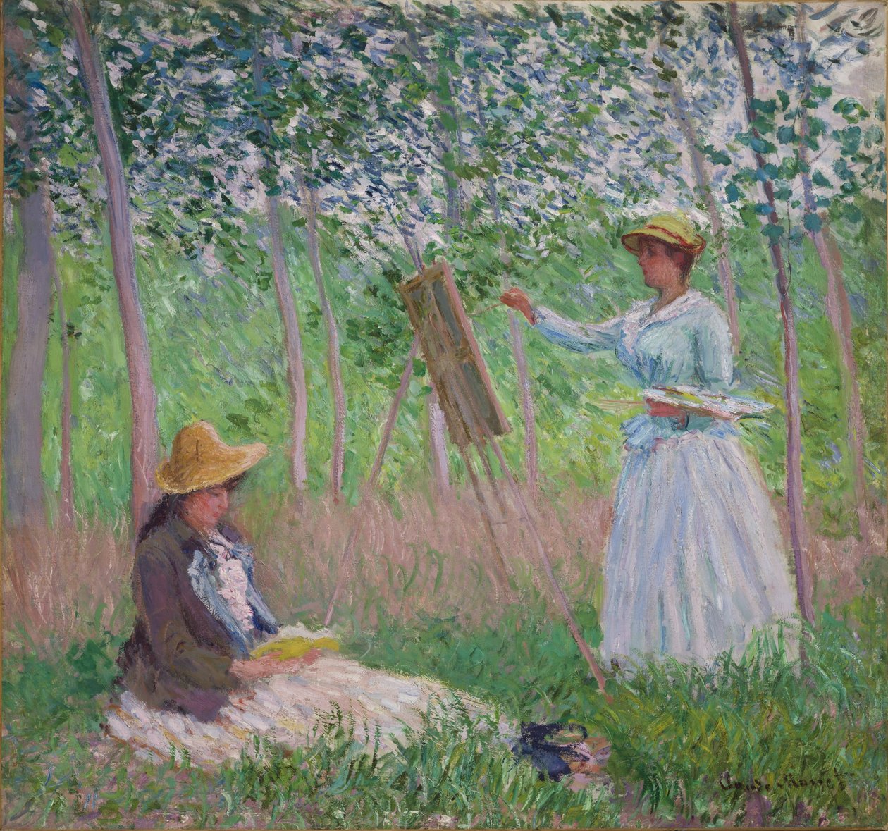 W lesie w Giverny: Blanche Hoschede przy sztalugach z czytaniem Suzanne Hoschede, 1887 autorstwa Claude Monet