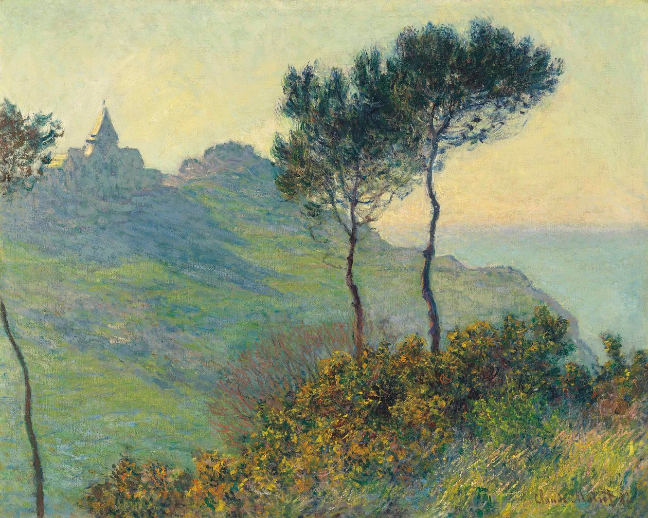 Kościół Varengeville, zachodzące słońce autorstwa Claude Monet