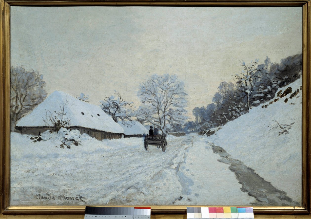 Wóz, droga pod śniegiem w Honfleur w 1867 r. Obraz Claude