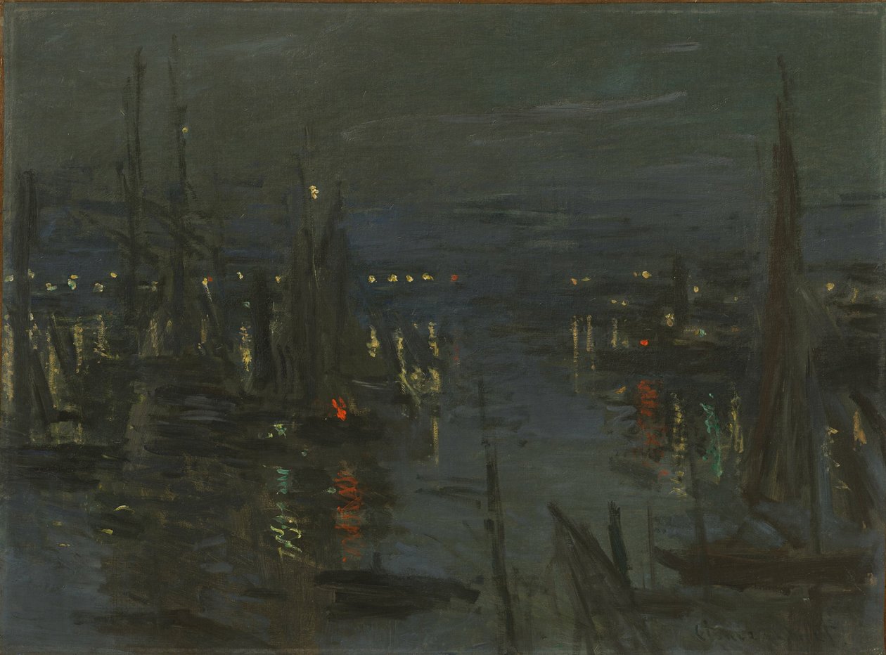 Port w Hawrze, efekt nocy Port w Hawrze nocą, 1873 r. autorstwa Claude Monet