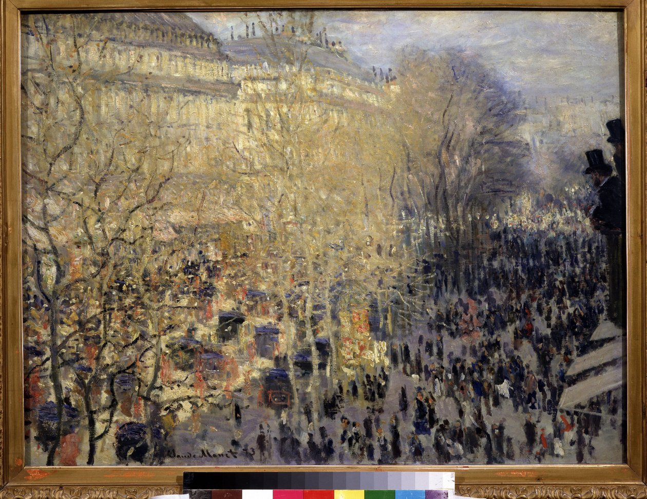 ""Le boulevard des Capucines"" Tłum przechodniów i ruch uliczny w paryskiej dzielnicy Opera. Obraz Claude