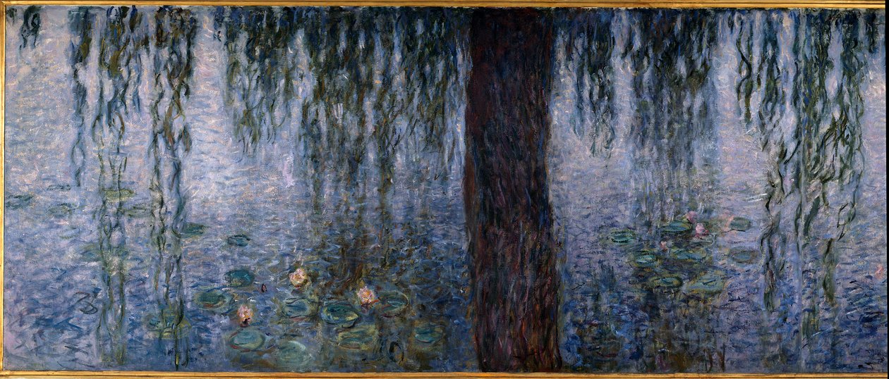Les Nympheas; rano jasny z wierzbami (lewa część tryptyku olej na desce 200 x 425 cm), sd. 1914-1926. Claude Moneta (1840-1926). Musee de l