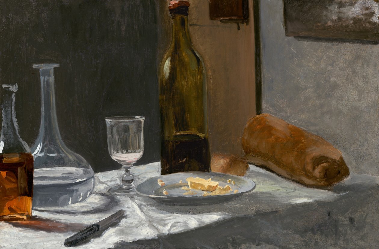 Martwa natura z butelką, karafką, chlebem i winem autorstwa Claude Monet
