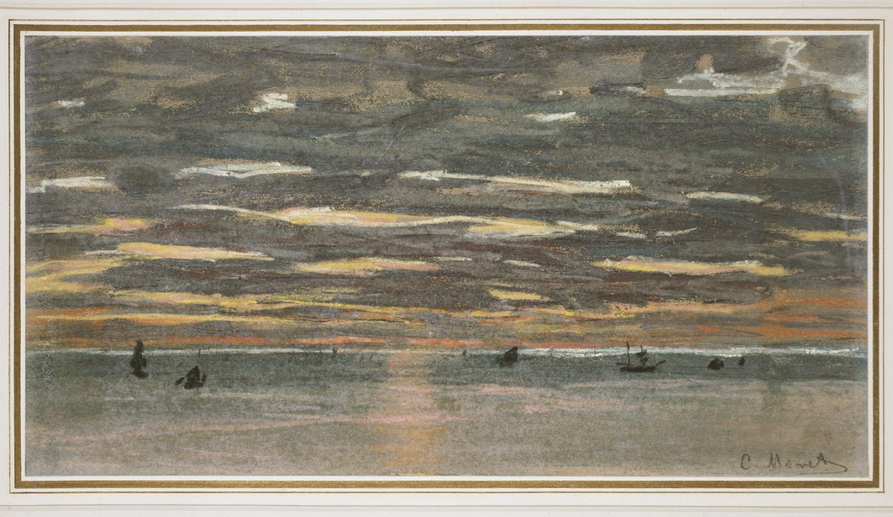 Zachód słońca na morzu, 1865-1870 (pastel na papierze bufiastym) autorstwa Claude Monet
