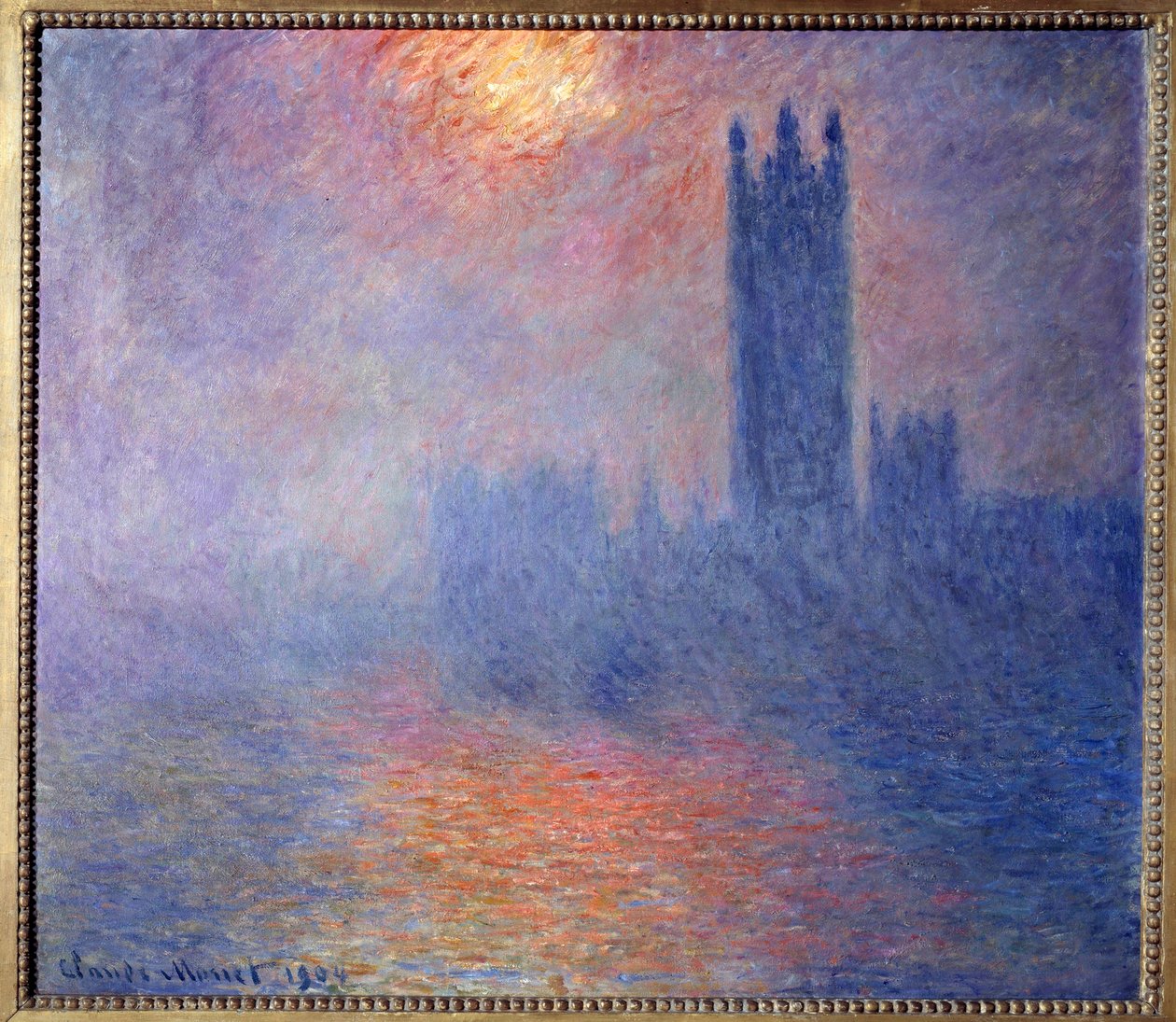 Budynek parlamentu w Londynie ze słońcem przedzierającym się przez mgłę autorstwa Claude Monet