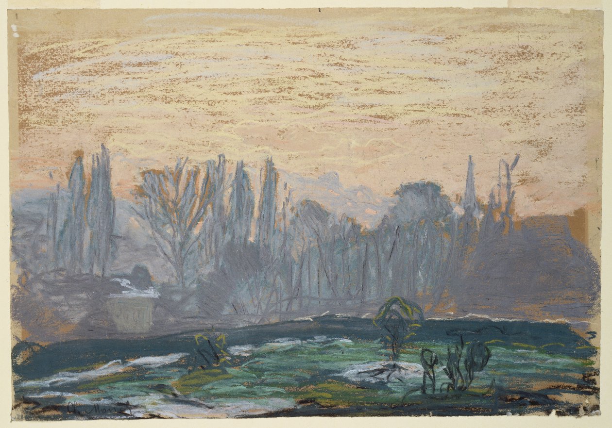 Pejzaż zimowy z wieczornym niebem, ok. 1870-80 (kreda pastelowa na papierze) autorstwa Claude Monet