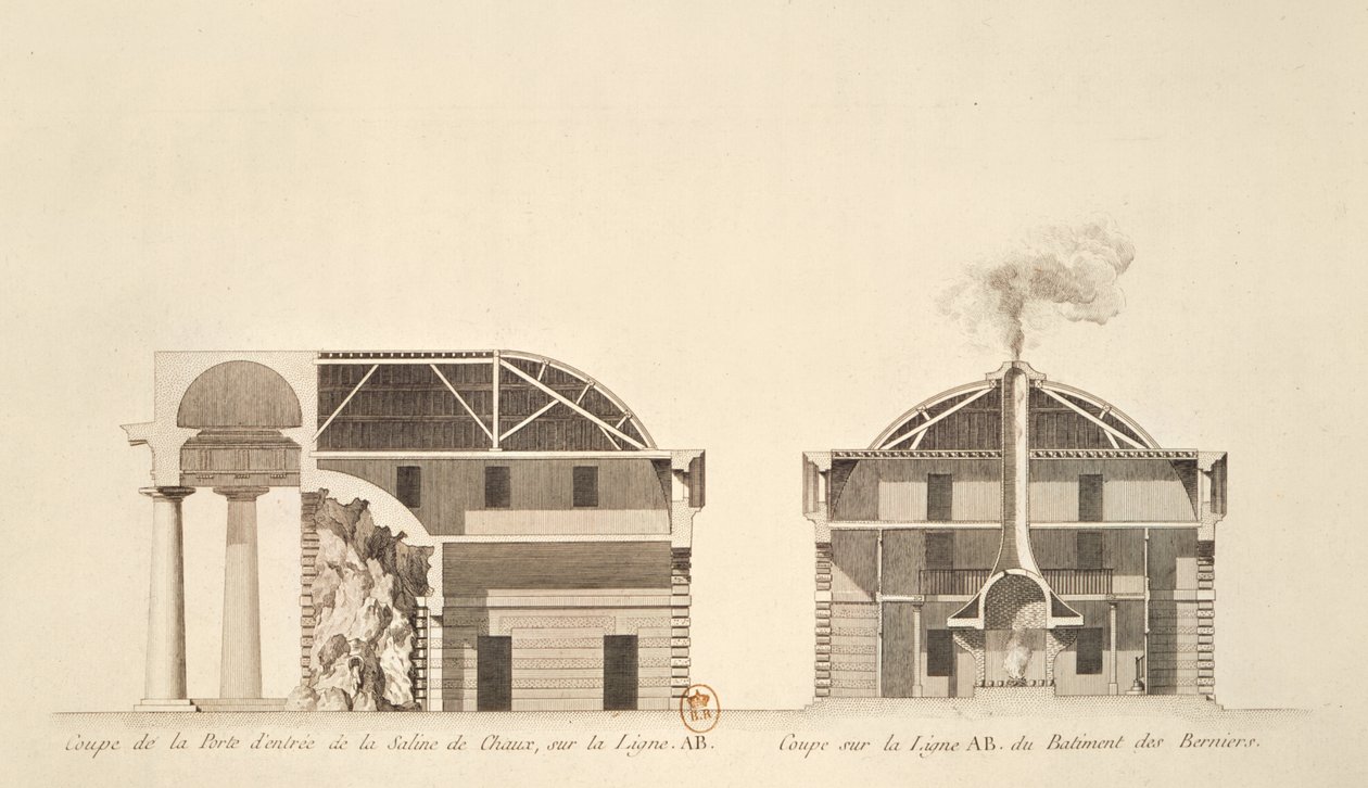 Przekrój wejścia do warzelni soli w idealnym mieście Chaux, ok. 1801 autorstwa Claude Nicolas Ledoux