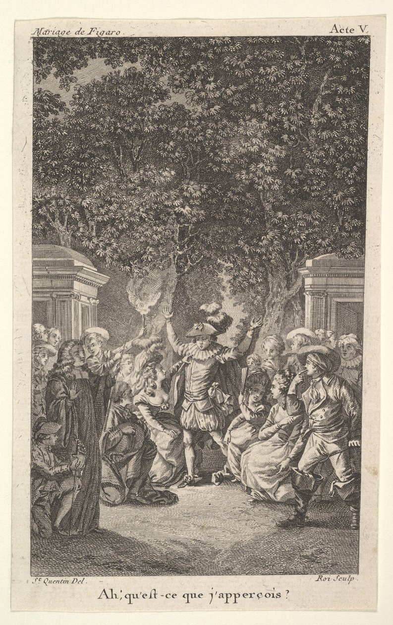 Młody chłopak trzyma pochodnię pod drzewami w ogrodzie, pośrodku mężczyzna unosi obie ręce, s..., ok. godz. 1784. autorstwa Claude Nicolas Malapeau