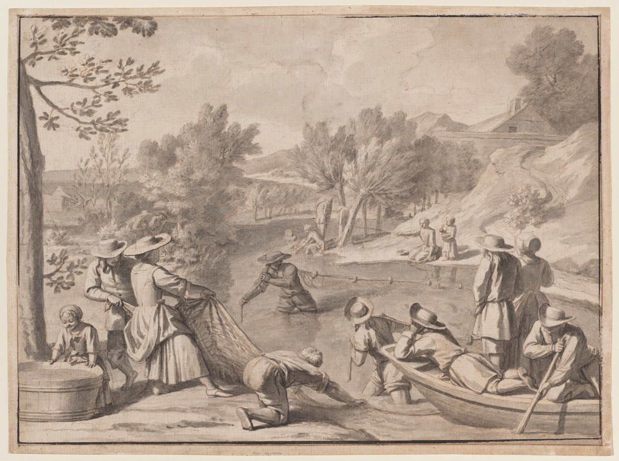 Sierpień: Wędkarstwo, ok. 1700 r. (tusz) autorstwa Claude Simpol