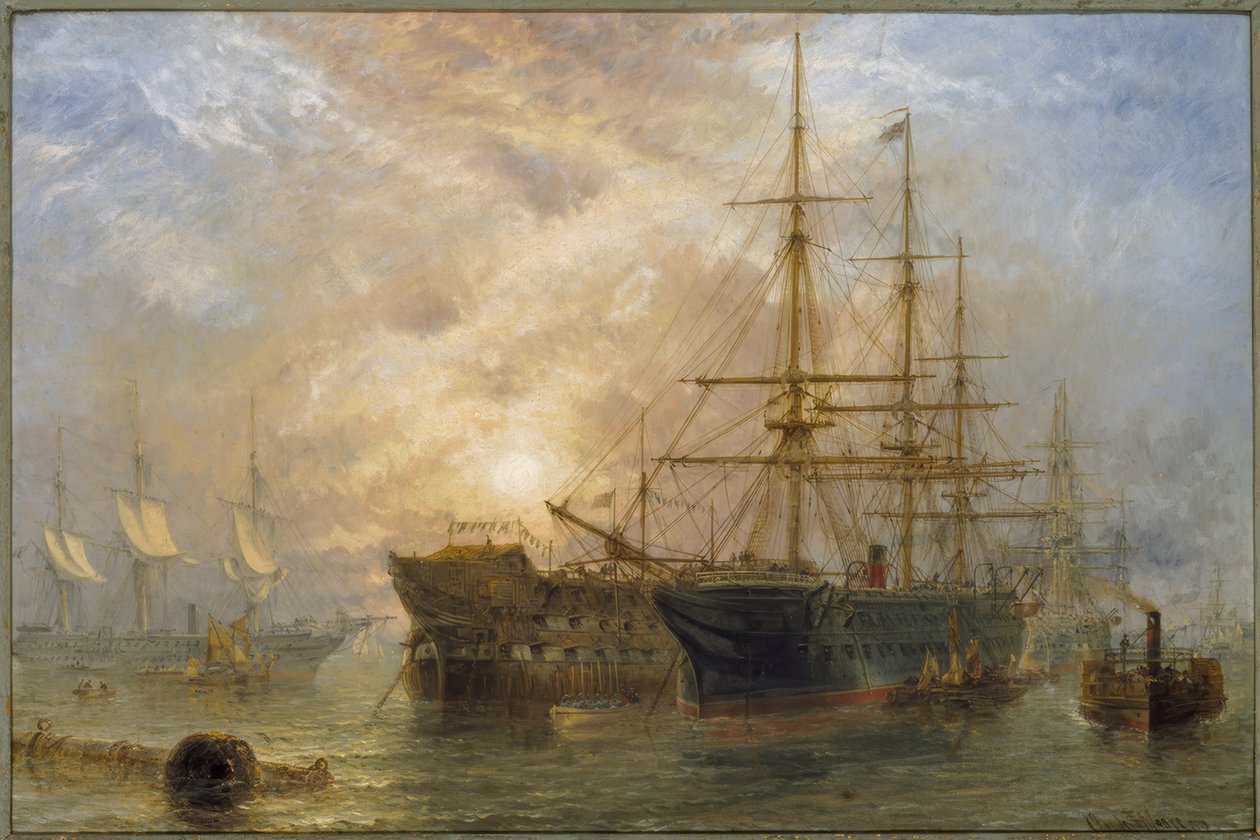 Oddziały Jej Królewskiej Mości otrzymują sklepy w Portsmouth Ha autorstwa Claude T. Stanfield Moore