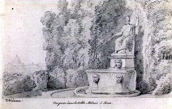 Widok na fontannę w ogrodzie Villa Medici, Rzym, ok. 1815-20 (ołówek na papierze) autorstwa Claude Thienon