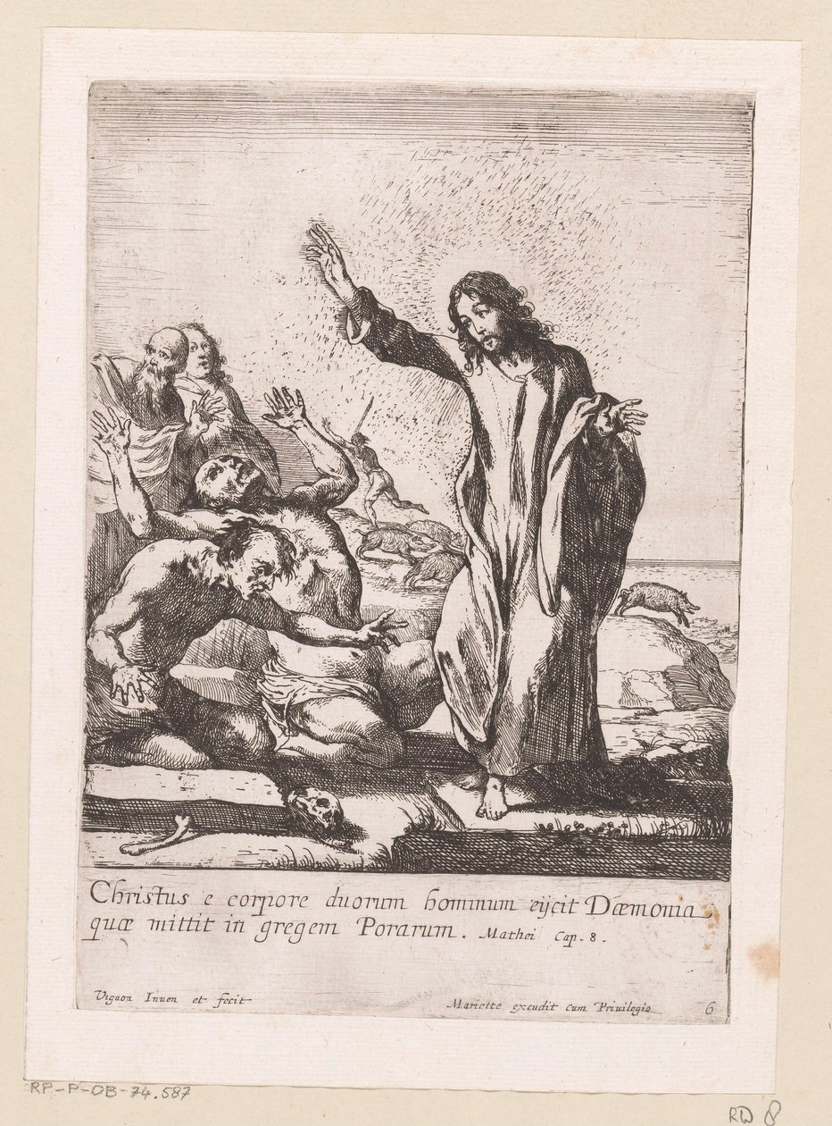 Chrystus odkupuje dwojga opętanych od demonów Miracula Domini Nostri Jesu Christi (tytuł serii) Cuda Chrystusa (tytuł serii) autorstwa Claude Vignon