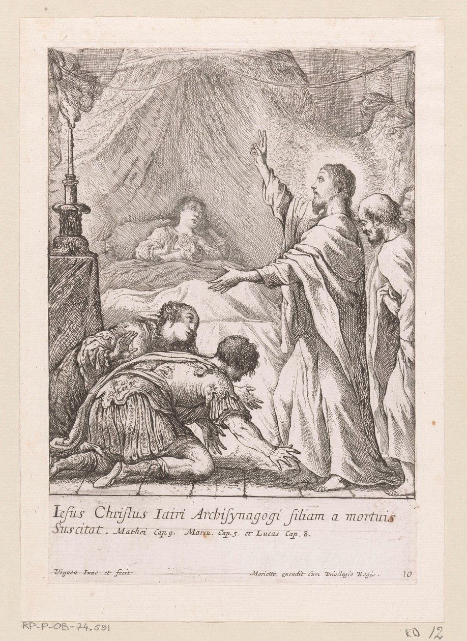 Chrystus wychowuje córkę Jaira Miracula Domini Nostri Jesu Christi (tytuł serii) Cuda Chrystusa (tytuł serii) autorstwa Claude Vignon