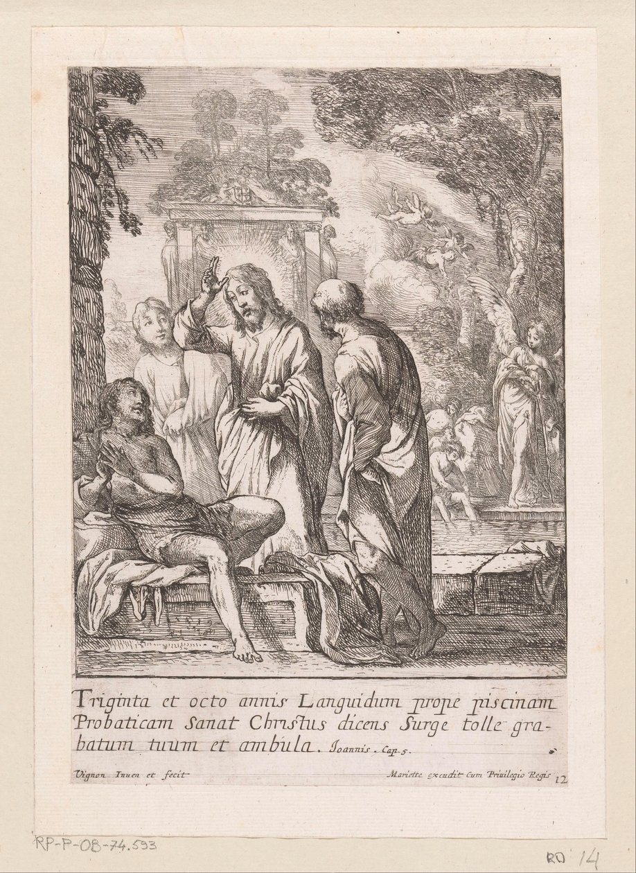 Uzdrowienie mężczyzny przy basenie w Bethesda Miracula Domini Nostri Jesu Christi (tytuł serii) Cuda Chrystusa (tytuł serii) autorstwa Claude Vignon