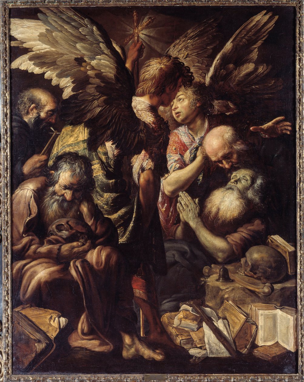 Śmierć św. Antoniego (św. Antoniego Wielkiego, 250/51-356) (lub św. Antoniego Pustelnika lub św. Antoniego Opata). Obraz (Vanite) Claude Vignon (1593-1670) autorstwa Claude Vignon