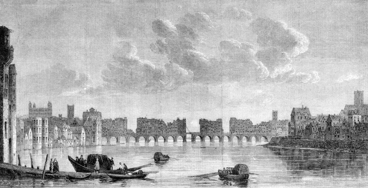 Stary londyński most zniszczony przez wielki pożar w 1666 roku. Rycina z obrazu Claude
