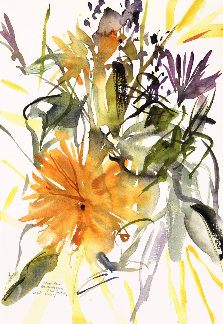Nagietek i inne kwiaty, 2004 (akwarela) autorstwa Claudia Hutchins Puechavy