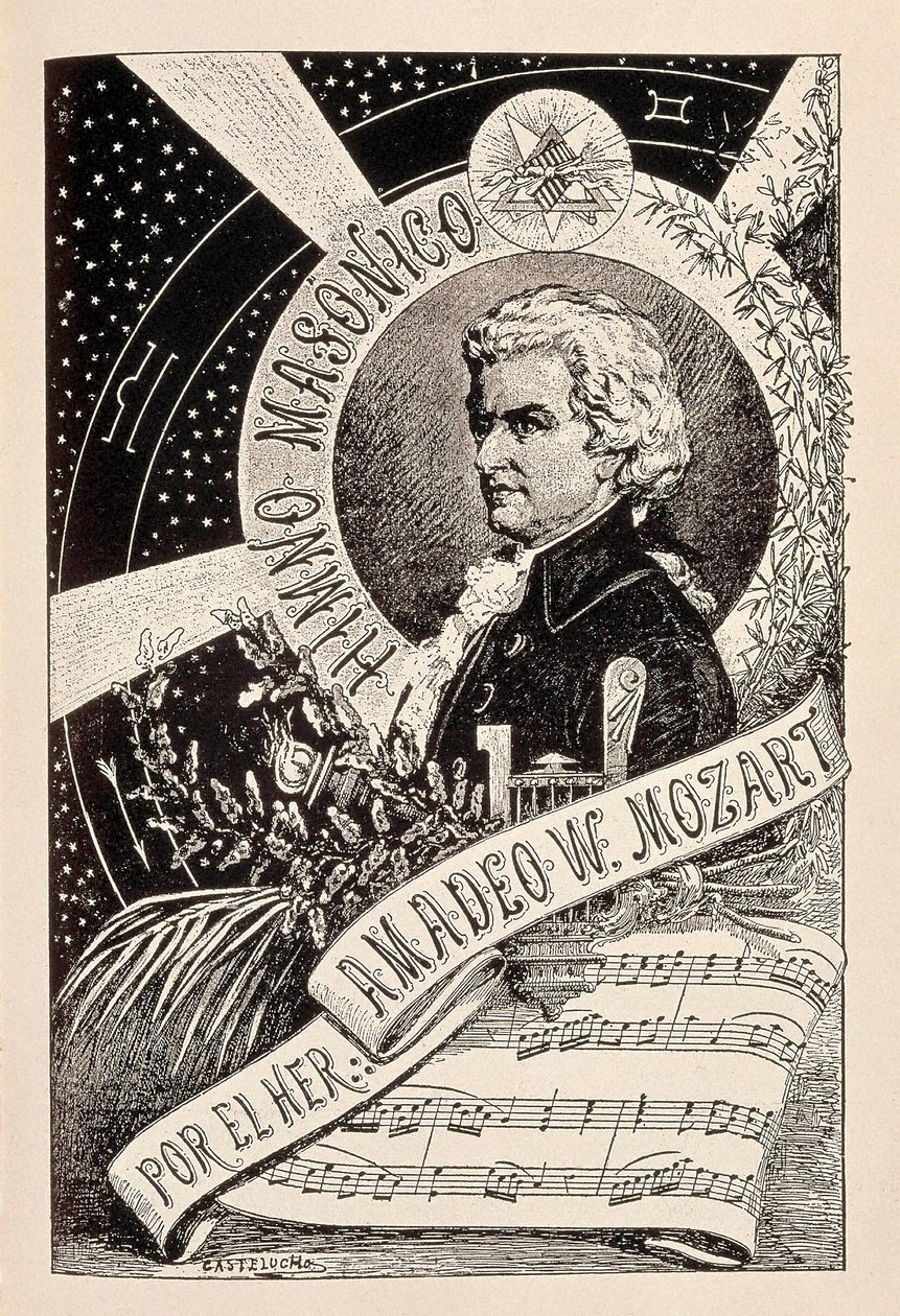 Reprezentacja austriackiego kompozytora Wolfganga Amadeusza Mozarta (1756-1791), wolnomularza związanego z Encyklopedycznym Słownikiem Masonerii, koniec XIX - początek XX wieku (rycina) autorstwa Claudio Castelucho