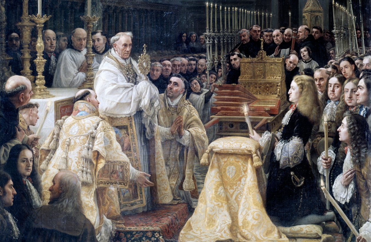 Karol II Hiszpański w adoracji Najświętszej Eucharystii autorstwa Claudio Coello