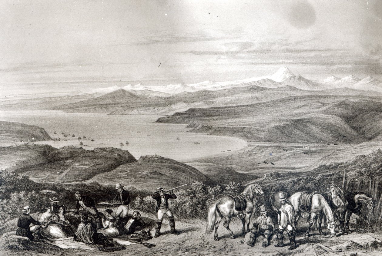 Widok z daleka na wulkan Aconcagua, z „Historii de Chile” grawerowanej przez F. Lehnerta autorstwa Claudio Gay