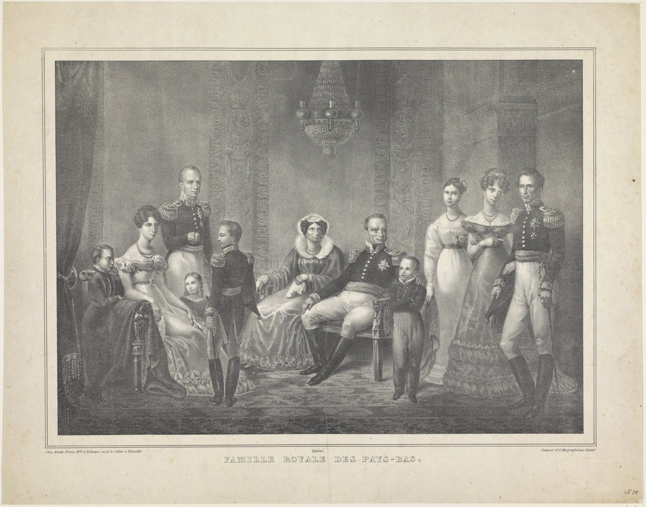 Portret rodzinny Wilhelma I Fryderyka, króla Holandii, Wilhelminy Pruskiej, ich synów z żonami, córki i czwórki wnucząt autorstwa Claudio Linati