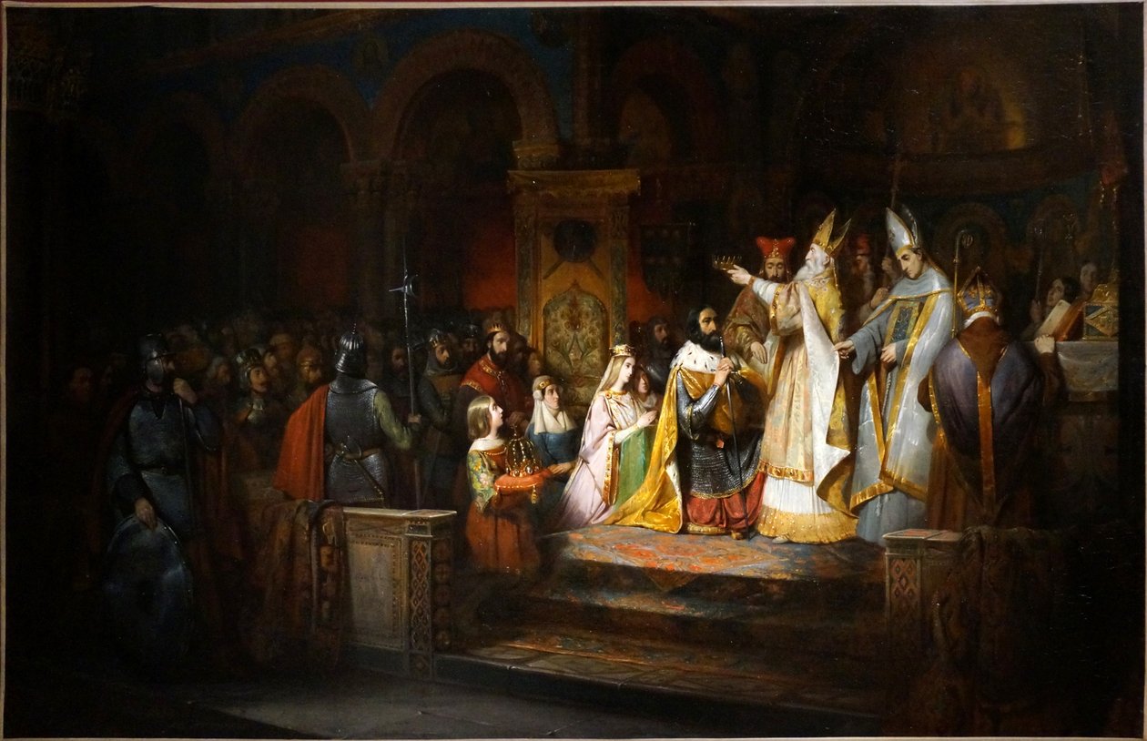 Karol Wielki koronowany na króla Włoch przez papieża Adriana I w Mediolanie, 774 r. autorstwa Claudius Jacquand