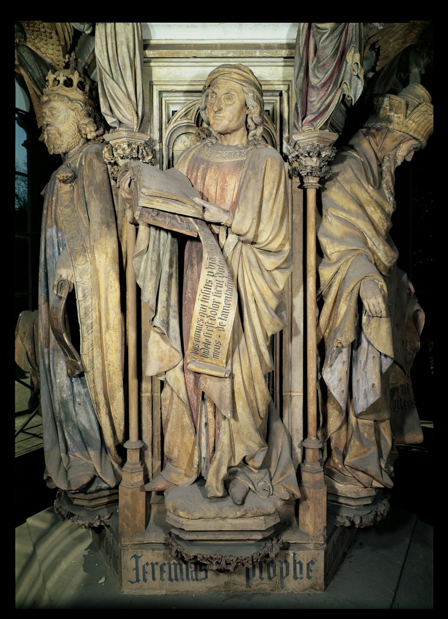 Jeremiasz (w środku), Dawid (po lewej) i Zachariasz (po prawej), postacie z sześciokątnego piedestału Studni Mojżesza, 1395-1404 autorstwa Claus and Malouel, Jean Sluter