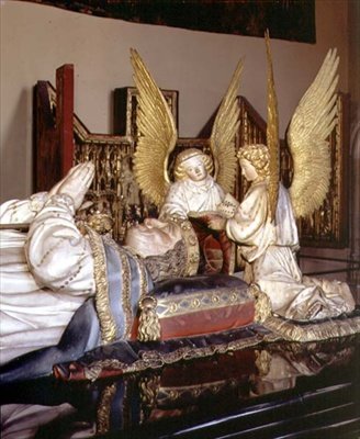Szczegół wizerunku i dwóch aniołów, z grobu Filipa Śmiałego, księcia Burgundii (1342-1404), autorstwa Jeana de Marville (zm.1389), Clausa Slutera (zm.1405/6) i Clausa de Werve (ok. .1380-1439), oddany do użytku dla klasztoru Champmol autorstwa Claus and Marville Jean de Sluter