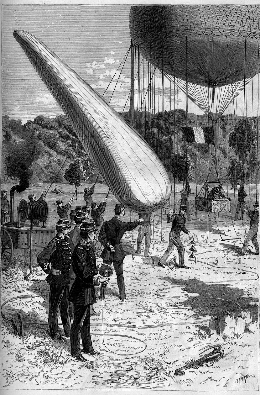 Aerostaty wojskowe: doświadczenia telefoniczne w zakładaniu Meudon. Grawerowanie Claverie w „”Le Monde Illustré””n°1331 z 30 września autorstwa Claverie