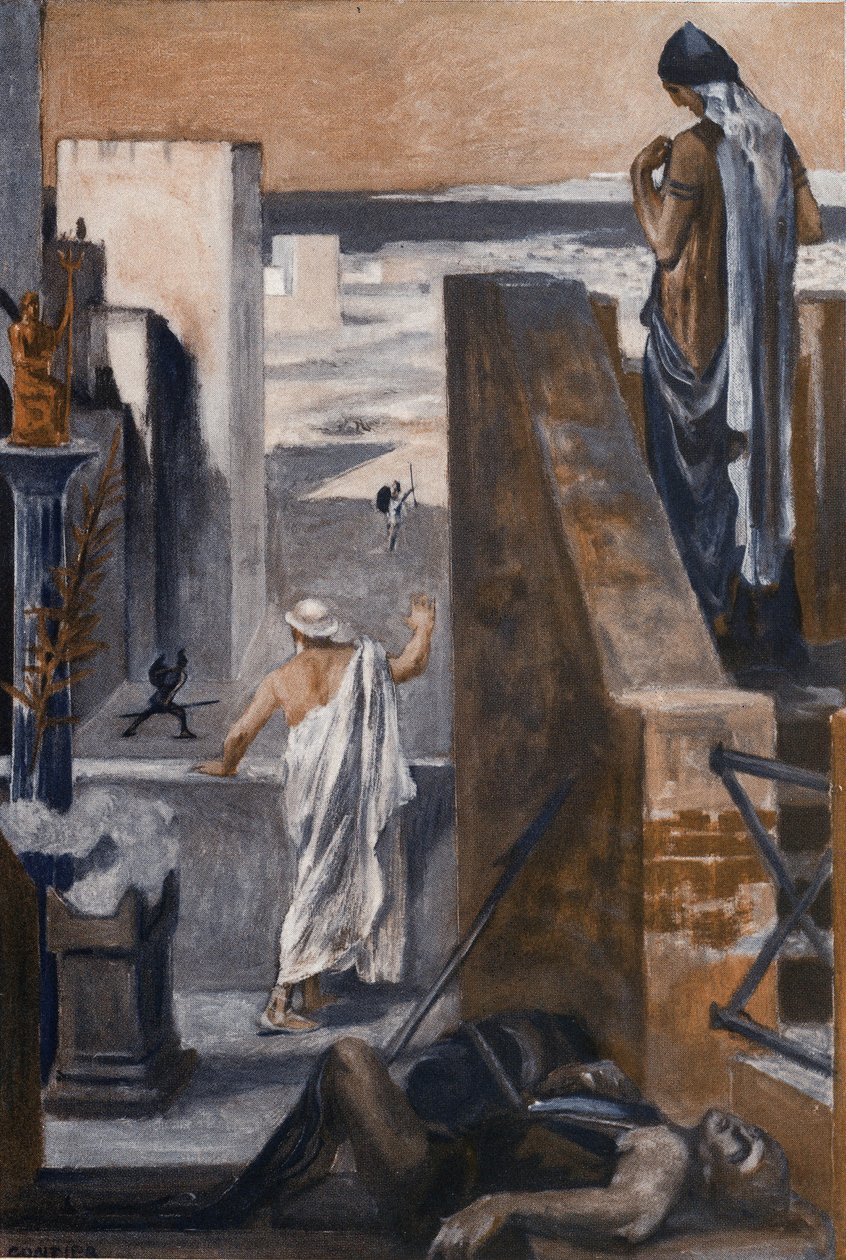 Rodzice Hectora błagają go, by uniknął walki. Ilustracja Clementa Gontiera (1876-1918) do „Iliady” Homere