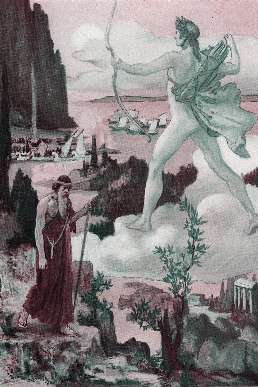 Wezwanie. Gniew Apolla: Kapłan Chryses przywołuje Apolla, mówiąc: „Niech Grecy zostaną odrzuceni przez wasze strzały od łez, które każą mi wylać!” . Ilustracja Clementa Gontiera (1876-1918) do „Iliady” Homere