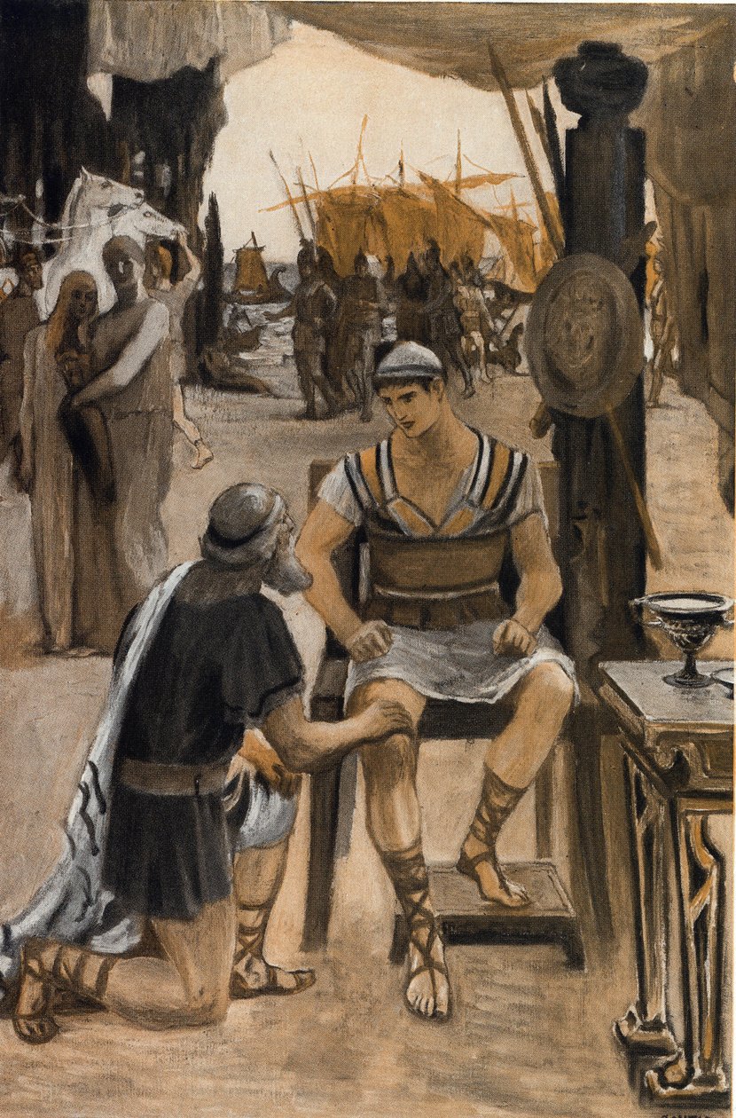 Priam Rachete ma Achillesa ciało swojego syna (Hectora). Ilustracja Clementa Gontiera (1876-1918) do „Iliady” Homere
