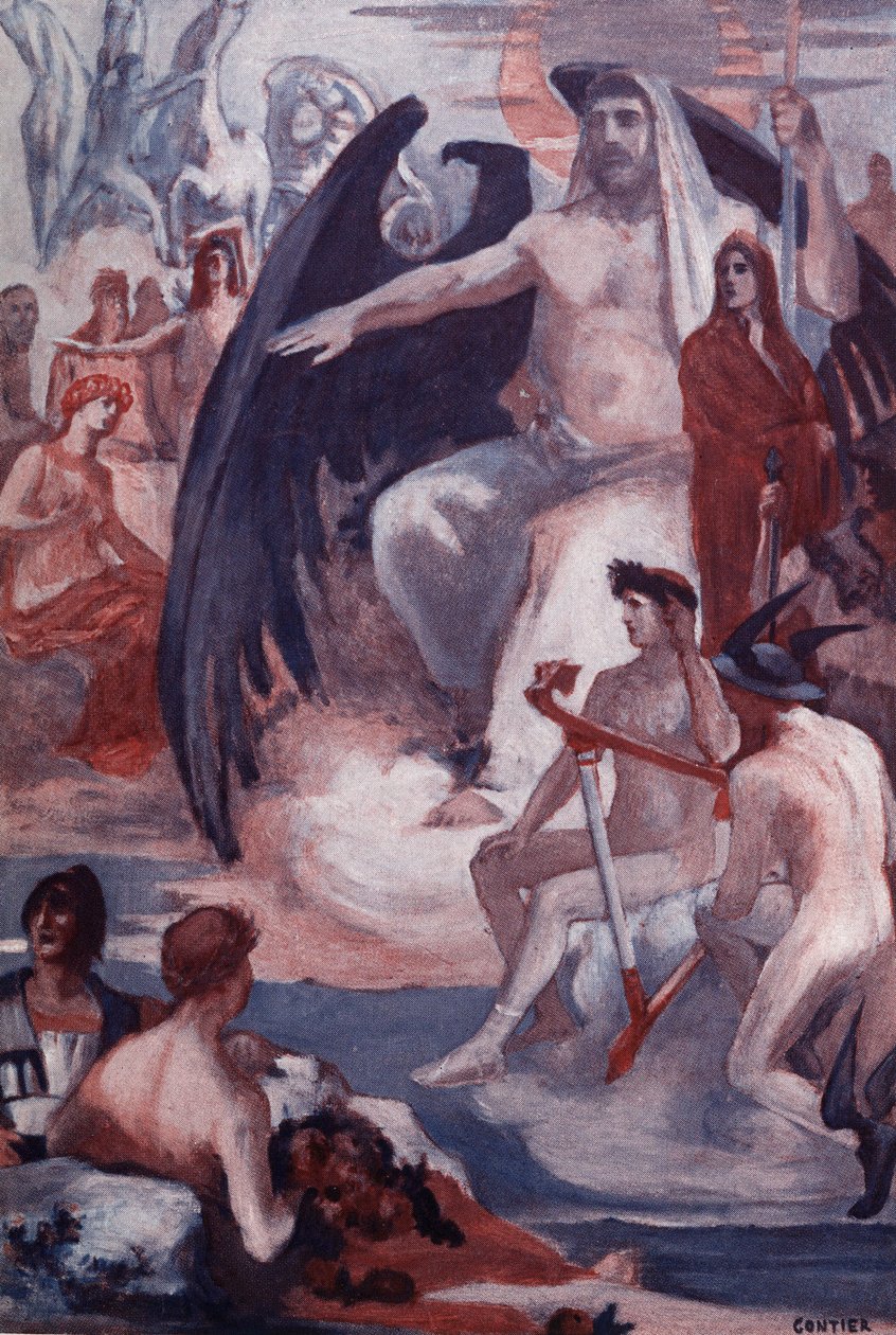 Obrona Jowisza, aby uratować trojanów lub Greków. Ilustracja Clementa Gontiera (1876-1918) do „Iliady” Homere