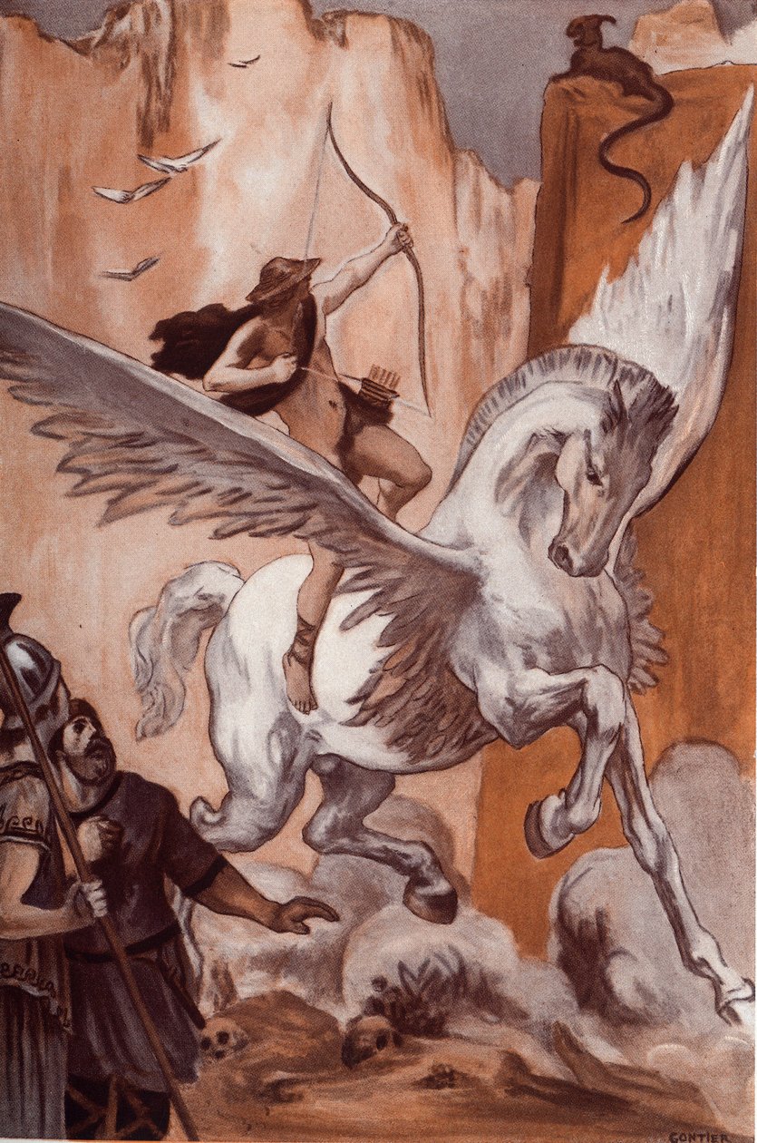 Historia Bellerophona: Bellerophon na koniu Pegase zabija Chimere. Ilustracja Clementa Gontiera (1876-1918) do „Iliady” Homere