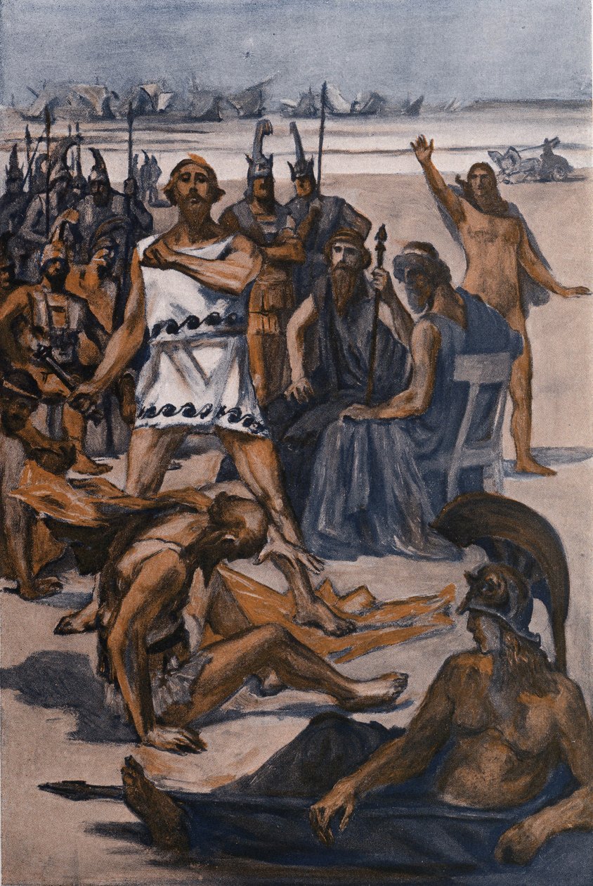 Thersite trafienia Ulyssesa. Ilustracja Clementa Gontiera (1876-1918) do „Iliady” Homere